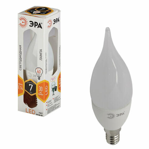 Лампа светодиодная ЭРА, 7 (60) Вт, цоколь E14, &quot;свеча на ветру&quot;, теплый белый свет, 30000 ч., LED smdBXS-7w-827-E14
