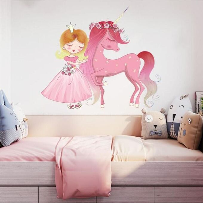 Наклейка пластик интерьерная цветная &quot;Принцесса и розовый единорог&quot; 35х60 см 6770090