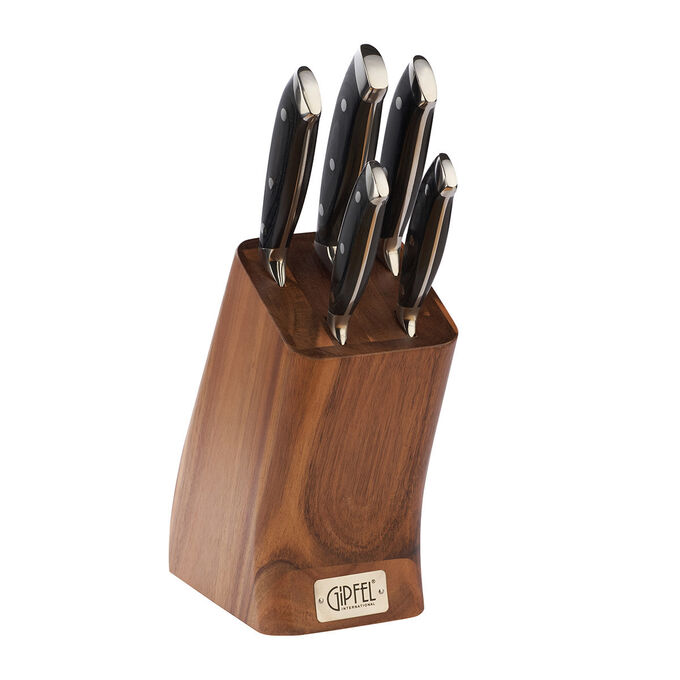6986 GIPFEL Набор ножей VILMARIN из 6 предметов на деревянной подставке. Материал лезвия: сталь X50CrMoV15. Материал ручки: сталь, древеснослоистый пластик. Толщина: 2,5-2,0мм