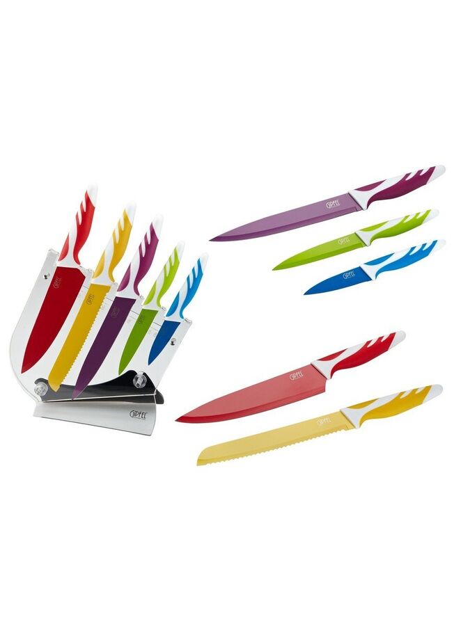 6757 GIPFEL Набор ножей 6 пр  на пластиковой подставке с защитным покрытием, пластиковая ручка (нерж. сталь)
