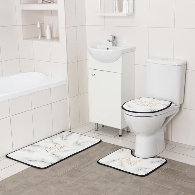 Набор ковриков для ванны и туалета Доляна «Мрамор», 3 шт: 50?80, 45?50, 38?43 см, цвет белый