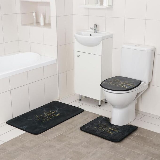 Набор ковриков для ванны и туалета  «Мрамор», 3 шт: 50?80, 45?50, 38?43 см, цвет тёмно-серый