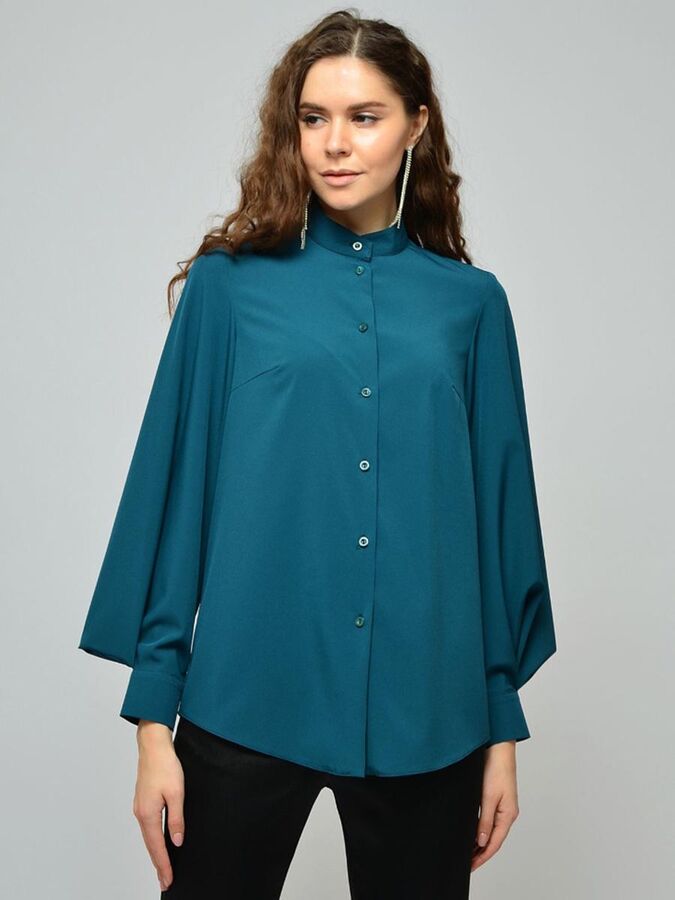 1001 Dress Блуза цвета морской волны с воротником-стойкой и объемными рукавами