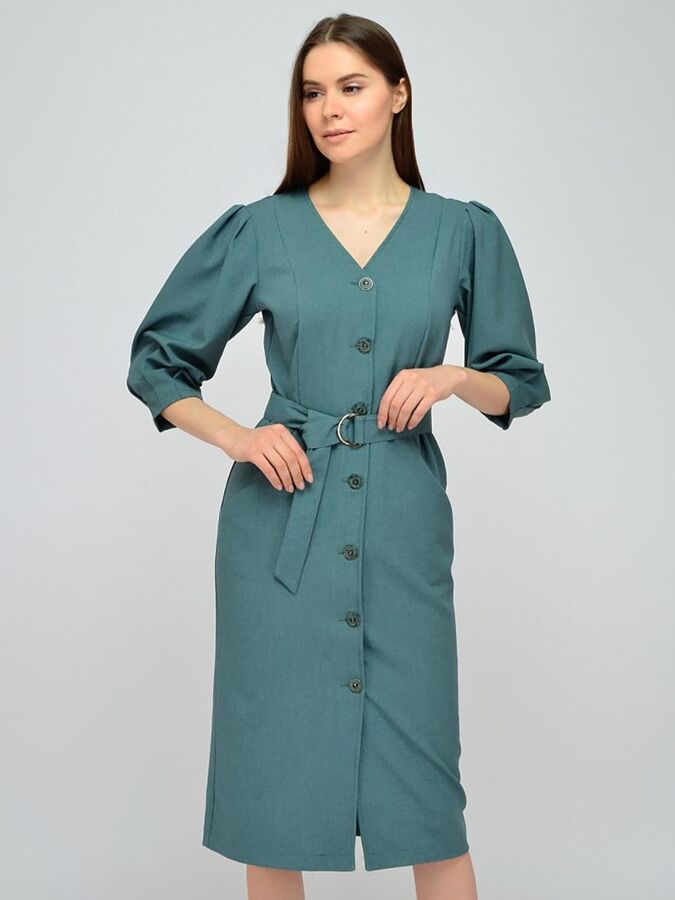 1001 Dress Платье зеленое длины миди с рукавами 3/4 и поясом