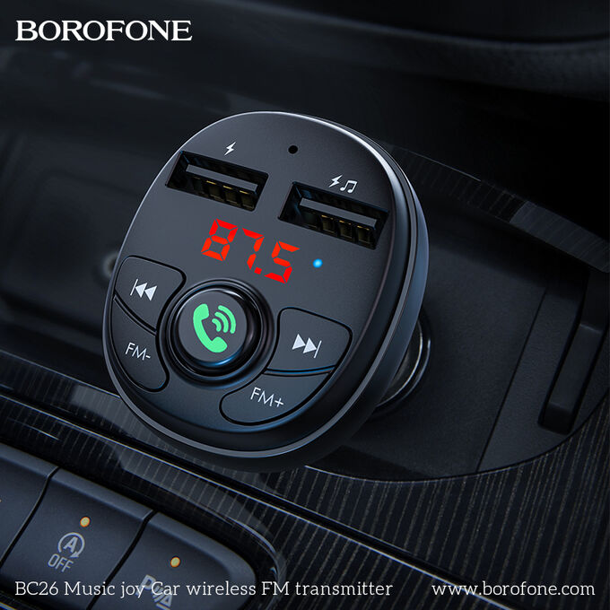 Автомобильное зарядное устройство BOROFONE BC26 Music joy, 2*USB + FM-тансмиттер, 2.1A, черный, дисплей,Bluetooth,FM/SD