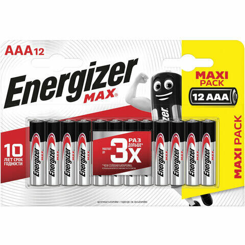 Батарейки КОМПЛЕКТ 12 шт., ENERGIZER Max, AAA (LR03, 24А), алкалиновые, мизинчиковые, блистер, E301530401