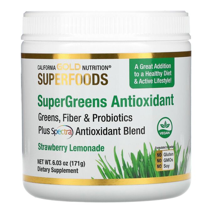 California Gold Nutrition, SUPERFOODS, комплекс антиоксидантов из суперзелени, зелень, клетчатка и пробиотики, со вкусом клубничного лимонада, 171г (6,03унции)