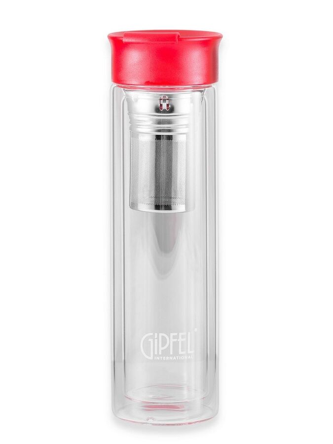 8344 GIPFEL Бутылка для воды MARTINO 350мл с фильтром. Материал: боросиликатное стекло, нерж. сталь, пластик. Цвет крышки: красный