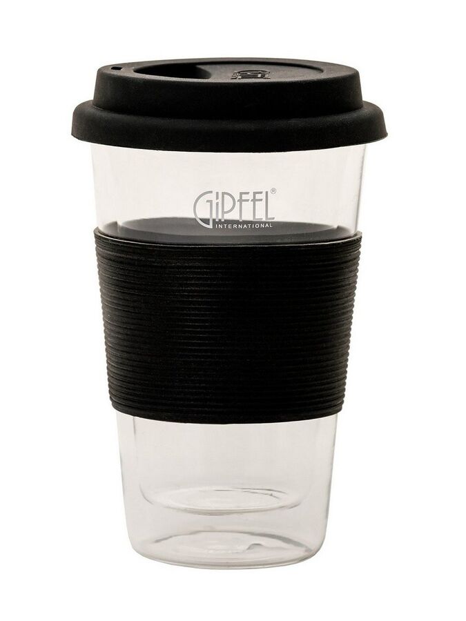 7149 GIPFEL Стакан кофейный с двойными стенками 300мл, силиконовой крышкой и держателем. Материал: боросиликатное стекло. Цвет: черный.