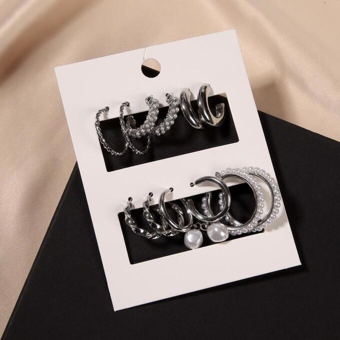 СИМА-ЛЕНД Серьги-кольца набор 6 пар &quot;Жемчужные&quot; с подвесками, цвет белый в серебре
