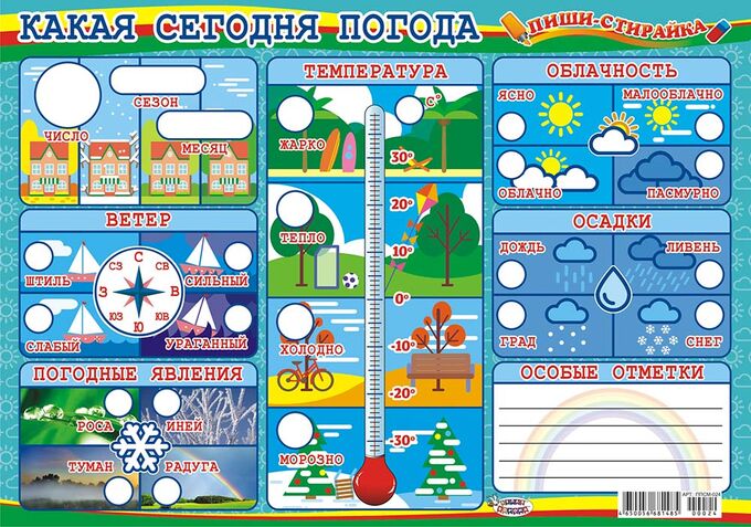 Плакат пиши-стирай А3 &quot;Какая сегодня погода&quot;