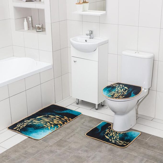Набор ковриков для ванны и туалета Доляна «Рыбки», 3 шт: 50x80, 50x40, 40x43 см