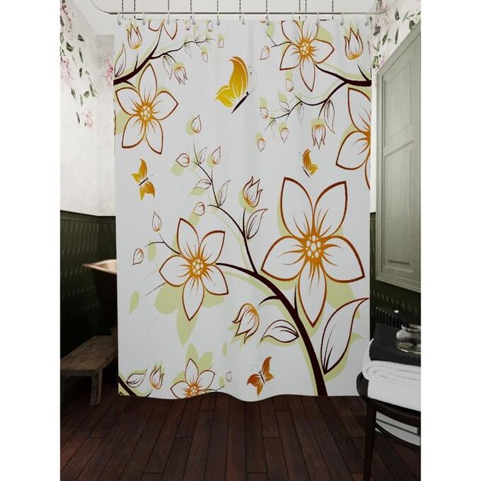 Штора для ванной «Бабочки и белые цветы», размер 180х200 см