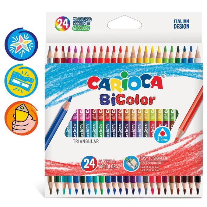 Карандаши 48 цветов двусторонние Carioca &quot;BiCOLOR&quot;, 3.3 мм, трёхгранные, деревянные, картон, европодвес