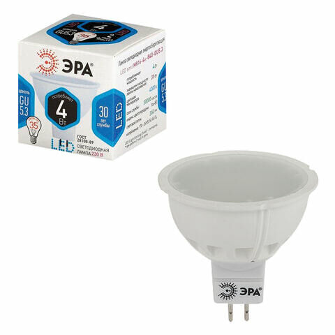 Лампа светодиодная ЭРА, 4 (35) Вт, цоколь GU5.3, MR16, холодный белый свет, 30000 ч., LED smdMR16-4w-842-GU5.3