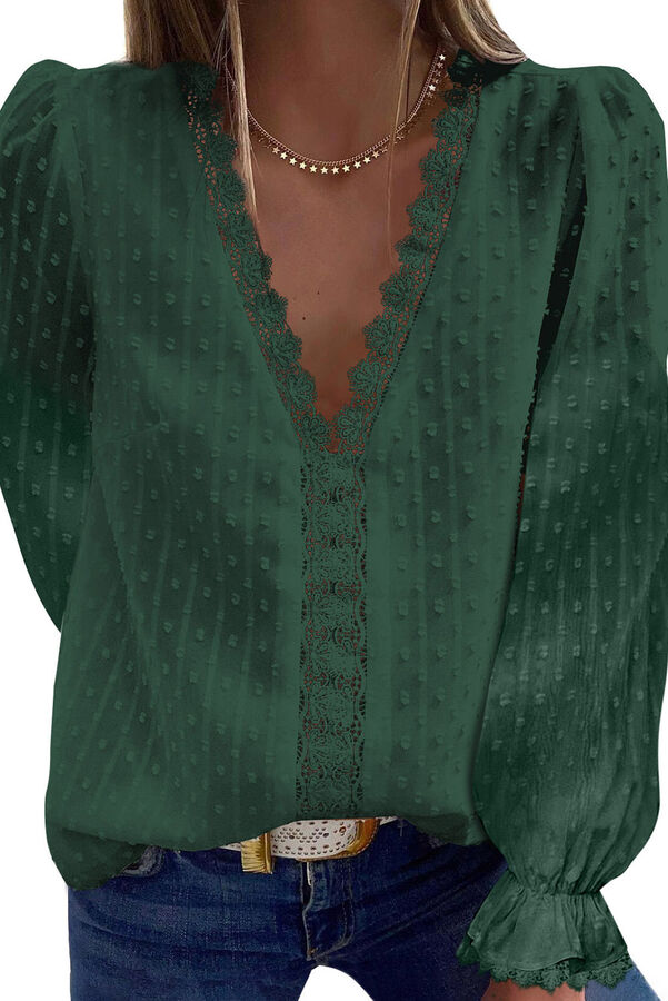 Зеленая элегантная кружевная блуза в швейцарский горошек с V-образным вырезом