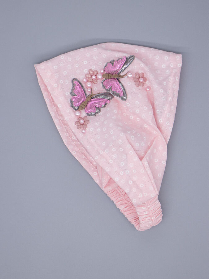 Косынка для девочки на резинке, сбоку две серые бабочки, бусинки, светло-розовый