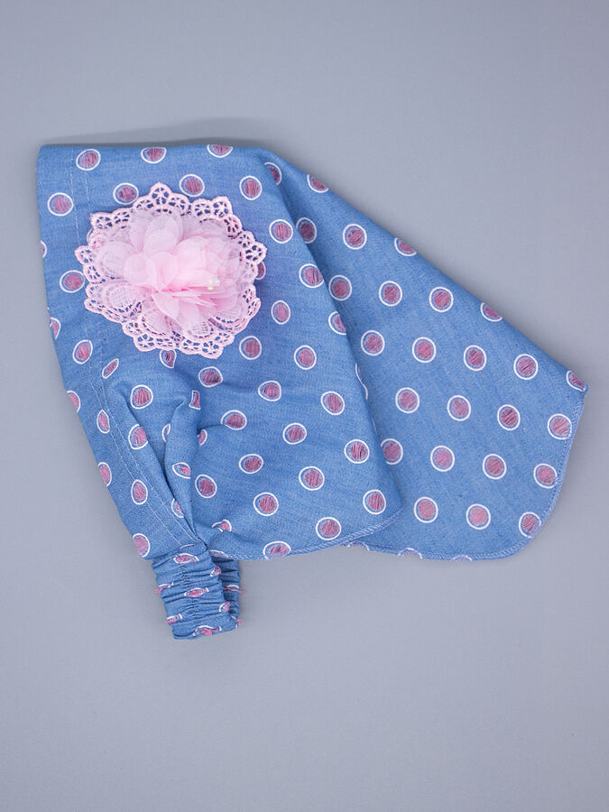 Русбубон Косынка для девочки на резинке, джинс, горошки, розовый бант из фатина с розовым кружевом, голубой