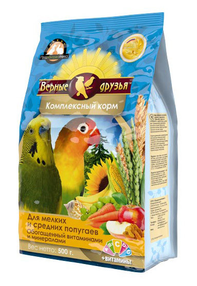 Корм&quot;Верные друзья&quot;для мелких и средних попугаев обогащенный витаминами пакет 500 гр. 1/18