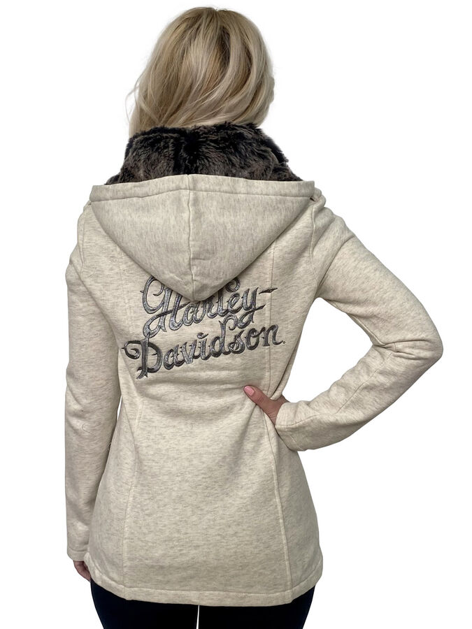 Женское пальто-толстовка Harley-Davidson – приталенный фасон, объемный капюшон, роскошная вышивка на спинке №1002