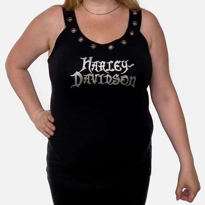 Женская майка Harley-Davidson с люверсами – широкие бретели, серебристый принт-оттиск на груди №1090