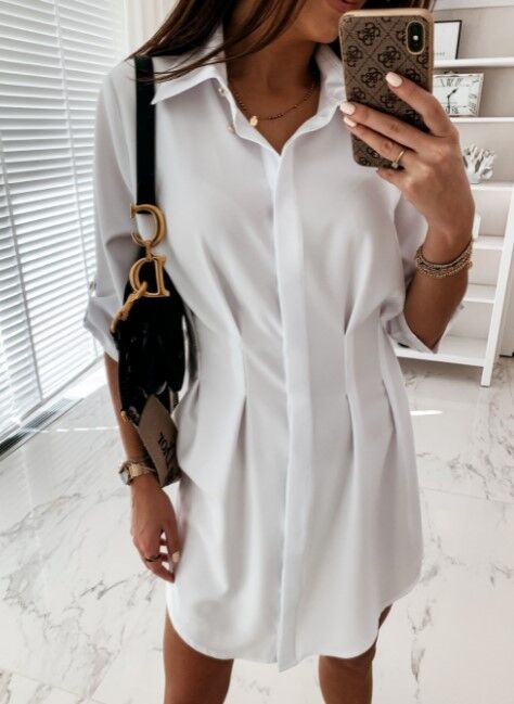 Женское платье-рубашка с длинным рукавом, цвет белый