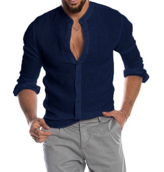 Мужская рубашка на пуговицах, длинный рукав, цвет темно-синий