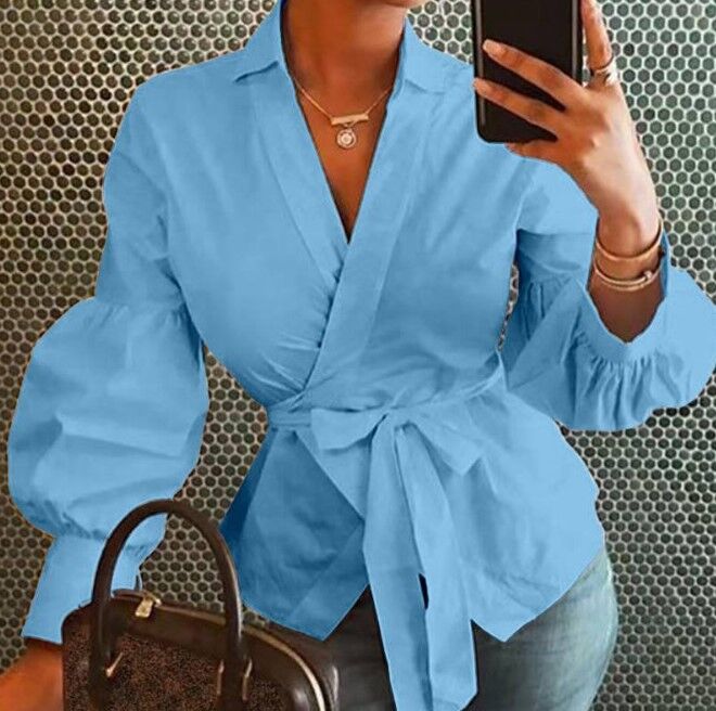 Женская блуза с длинным рукавом, цвет синий