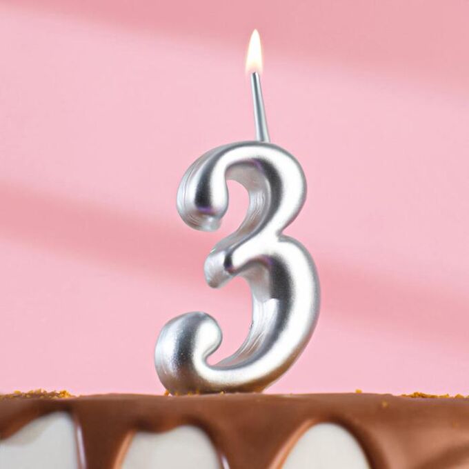 Свеча для торта цифра &quot;Серебряная&quot;, 7.8 см, цифра &quot;3&quot;