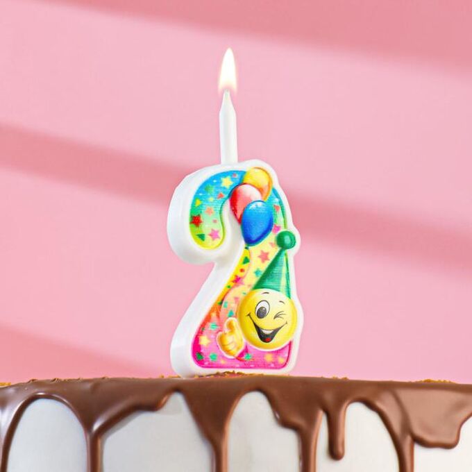 Свеча для торта цифра &quot;Смайлик с шарами&quot; &quot;2&quot; разноцветная