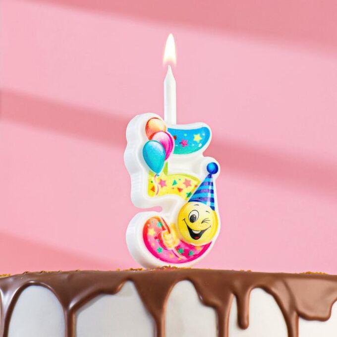 Свеча для торта  &quot;Смайлик с шарами&quot;, 12.2 см, цифра &quot;5&quot;