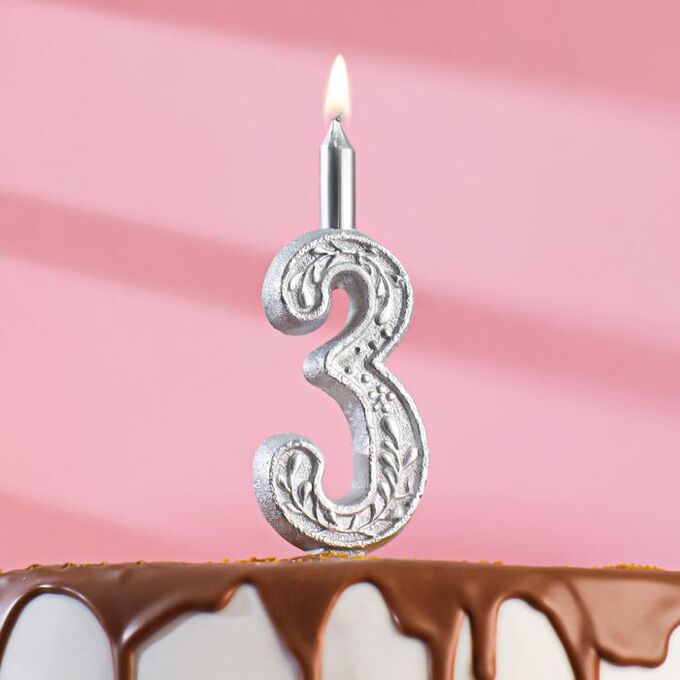 Свеча для торта цифра &quot;Серебряный узор&quot;, 12.5 см, цифра &quot;3&quot;