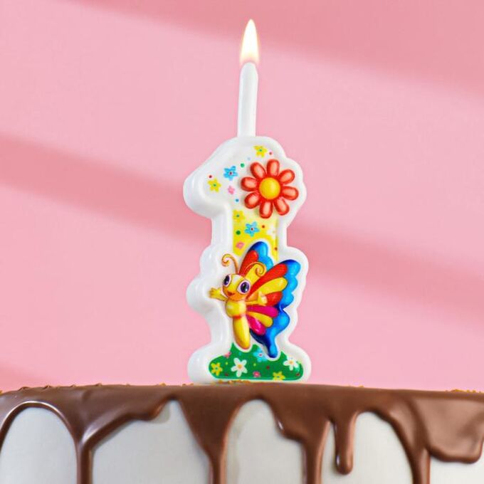 Свеча для торта &quot;С Бабочкой&quot;, 12 см, разноцветная цифра &quot;1&quot;
