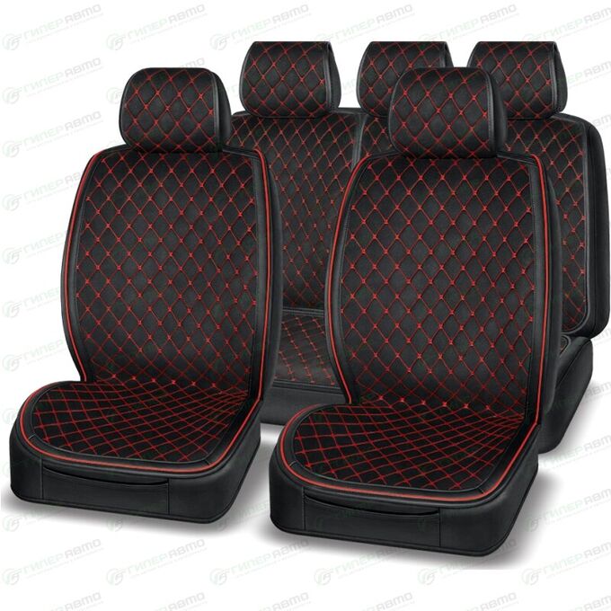 Чехлы-накидки AUTOPREMIER Boss для передних и задних сидений, экокожа, черный цвет с красной прострочкой, комплект