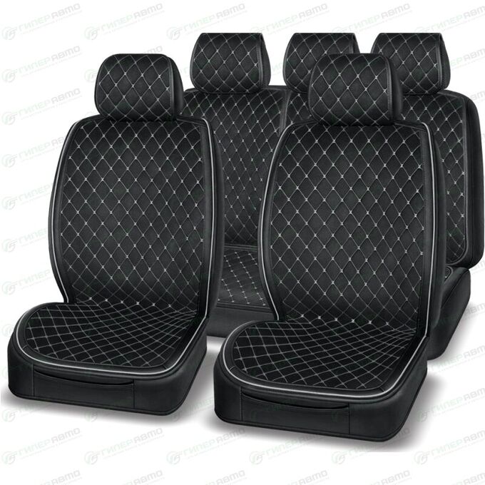 Чехлы-накидки AUTOPREMIER Boss для передних и задних сидений, экокожа, черный цвет с серой прострочкой, комплект