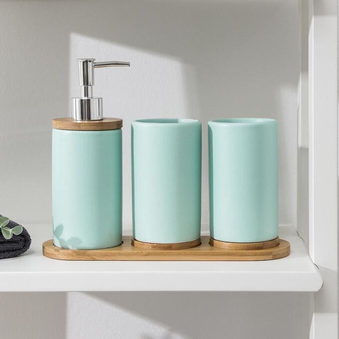 СИМА-ЛЕНД Набор аксессуаров для ванной комнаты «Натура», 3 предмета (дозатор 400 мл, 2 стакана, на подставке), цвет мятный