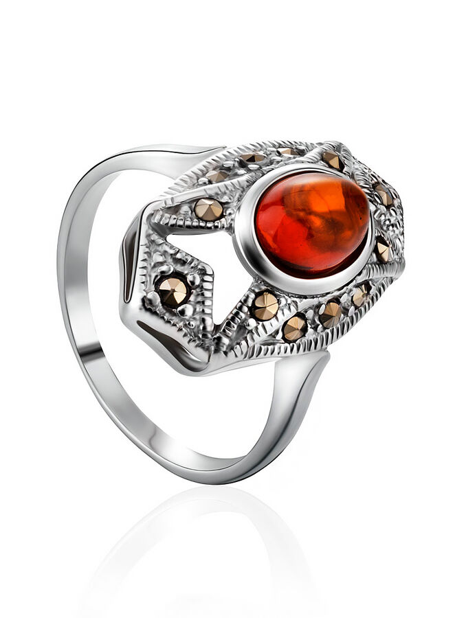 amberholl Изысканное кольцо «Эйфория» из серебра с янтарем и марказитами