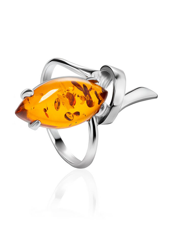 amberholl Удлинённое кольцо из серебра и янтаря коньячного цвета «Ирис»