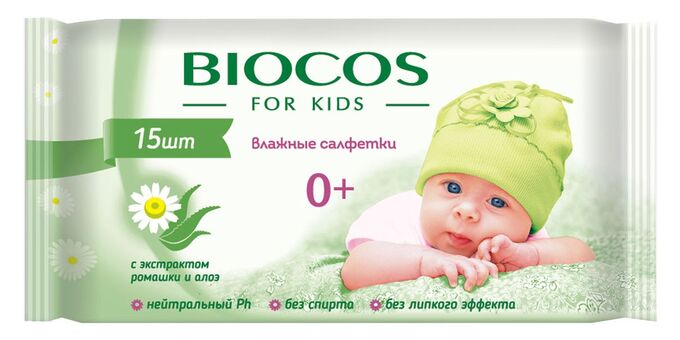 BioCos Влажные салфетки детские уп.15 (розовые, зеленые)