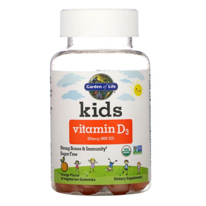 Garden of Life, Kids, витамин D3, апельсиновый вкус, 20 мкг (800 МЕ), 60 вегетарианских жевательных таблеток