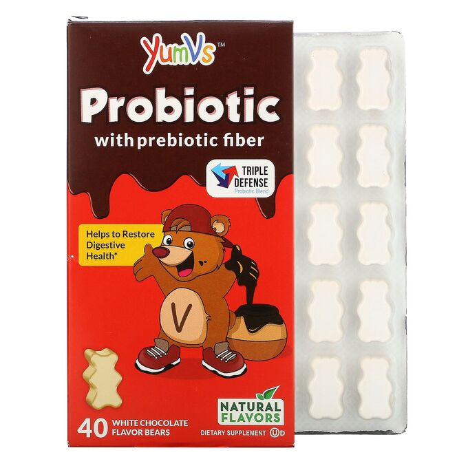 iherb YumV&#039;s, Пробиотик с пребиотической клетчаткой, со вкусом белого шоколада, 40 мишек