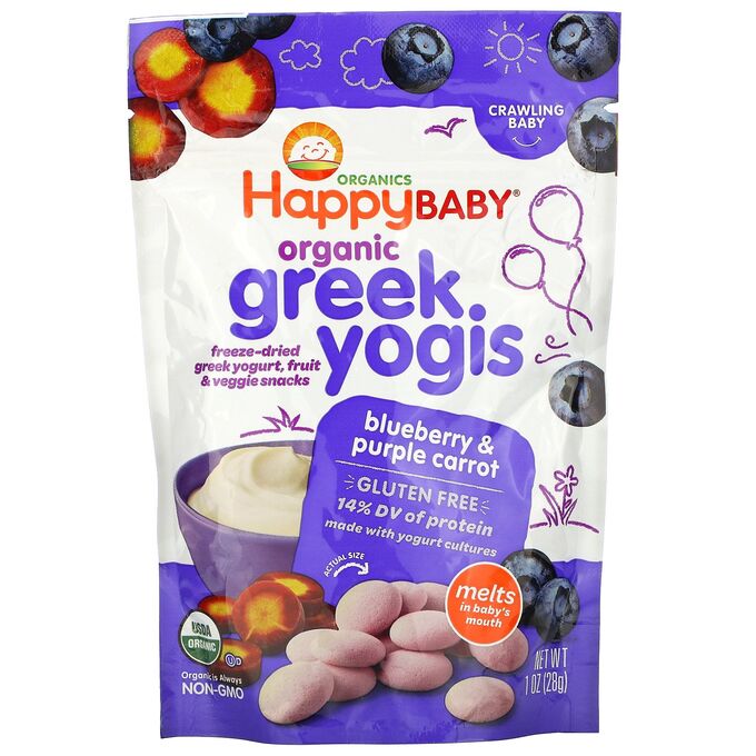 iherb Happy Family Organics, органический греческий йогурт, черника и фиолетовая морковь, 28 г (1 унция)
