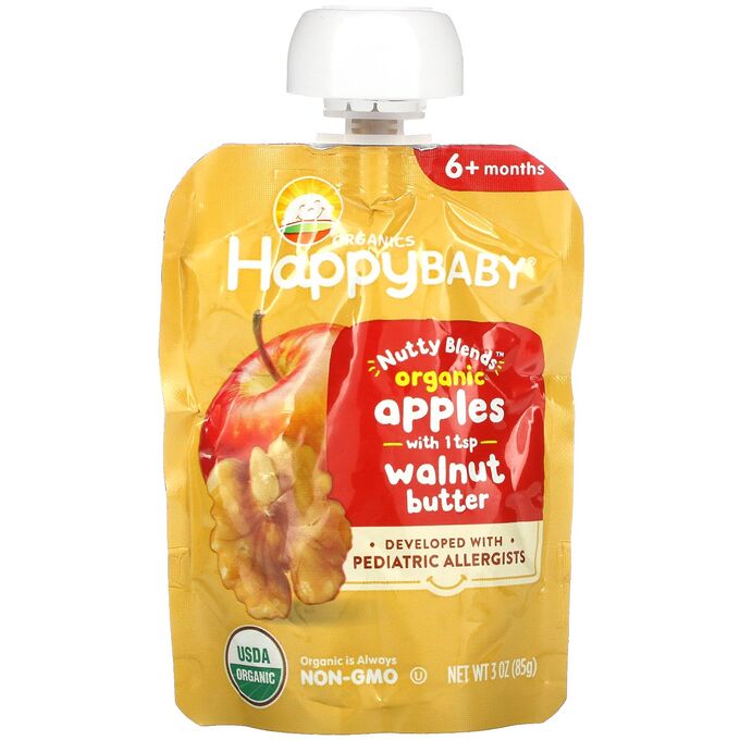 iherb Happy Family Organics, Happy Baby,  Nutty Blends, 6+ Months, Organic, Apples with 1 tsp Walnut Butter, 3 oz (85 g)