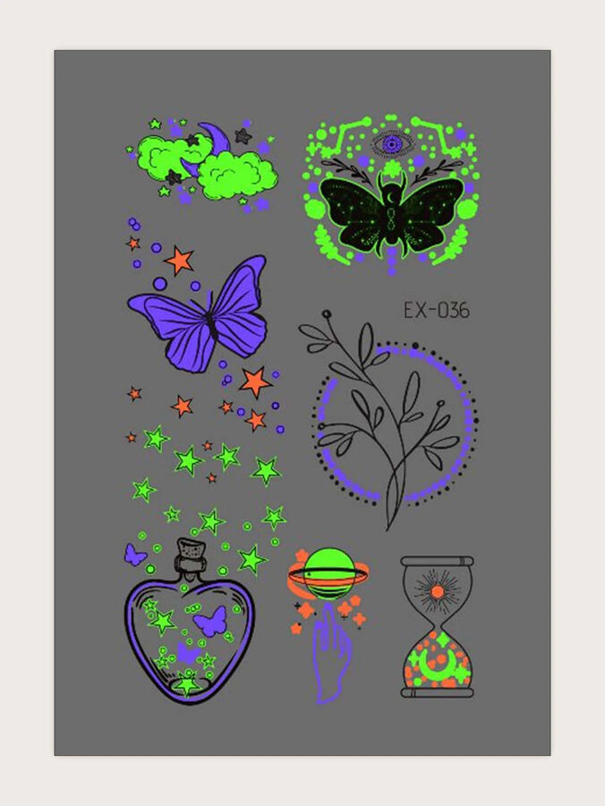 1 лист Светящаяся наклейка татуировки с рисунком бабочки