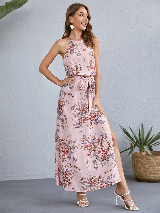 Платье с цветочным принтом и поясом