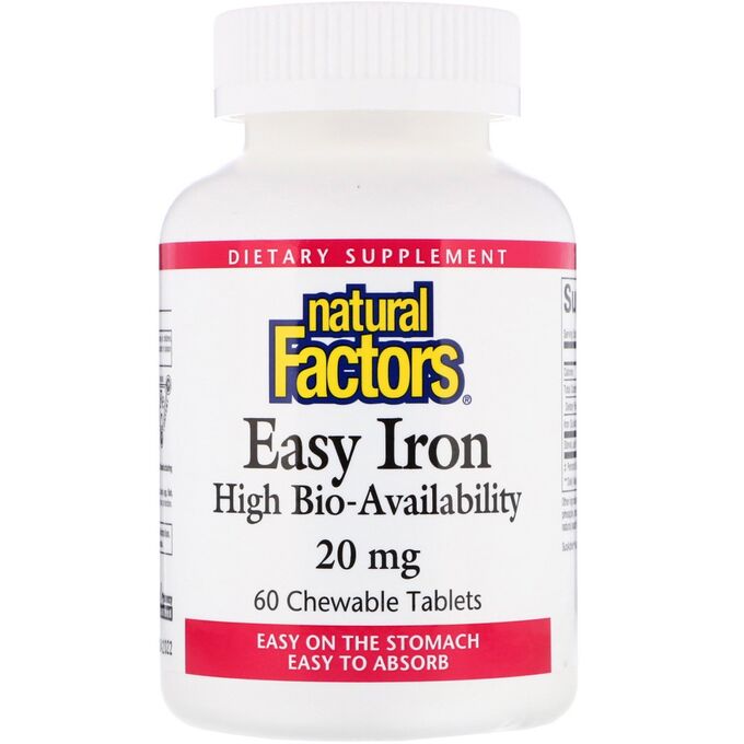 iherb Natural Factors, Железо, 20 мг, 60 жевательных таблеток