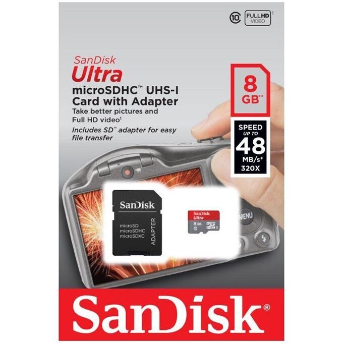 Карта памяти MicroSDHC 8GB Class 10 SanDisk (адаптер SD)