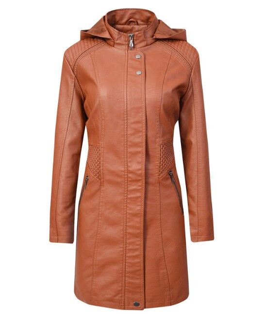 Женская удлиненная куртка из эко-кожи, цвет светло-коричневый