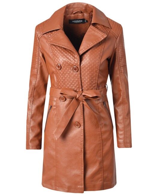Утепленная женская куртка из эко-кожи, на пуговицах, с поясом, цвет коричневый