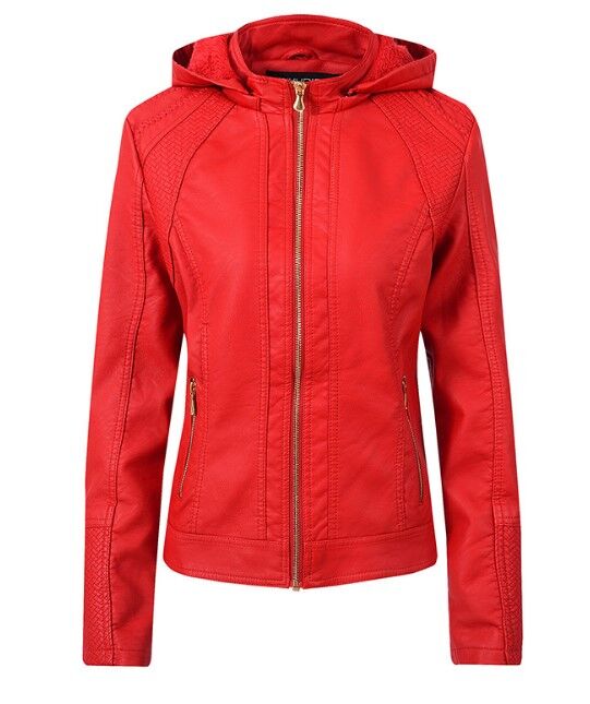 Утепленная женская куртка из эко-кожи, с капюшоном, цвет красный